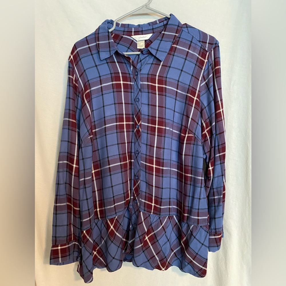 CJ Banks Plus Size 1X Plaid Button Shirt with Ruffled Hem
